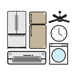 Household appliances. Refrigerator, fridge, washing machine, alarm clock. Vector illustration