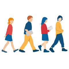  Set of boys and girls walking, profile, different colors, cartoon character, group of silhouettes of walking 
 teenagers,   design concept of flat icon, isolated on white background