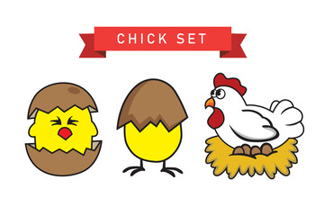 Chickens and chicken in a nest. Cute cartoon vector illustration.