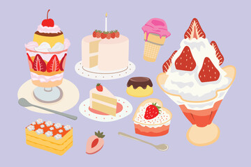 Vector illustration of a set of different desserts on a purple background.