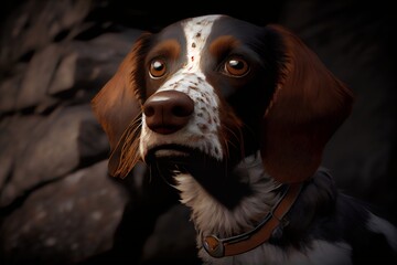 dog breed English springer spaniel close-up on a dark background. Generative AI. - obrazy, fototapety, plakaty