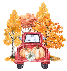 Watercolor pumpkin truck illustration. Red car with pumpkins among autumn trees.
