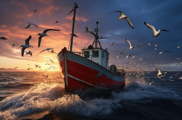 fishing boat after returning from fishing in the middle of the ocean - obrazy, fototapety, plakaty