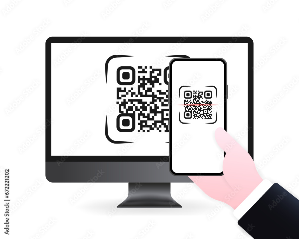 Poster scan qr code. flat, gray, qr-code on the computer screen, scanned by phone. vector illustration
