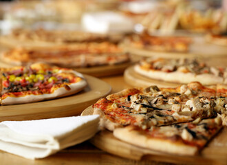 buffet table for a banquet, sandwich and pizza