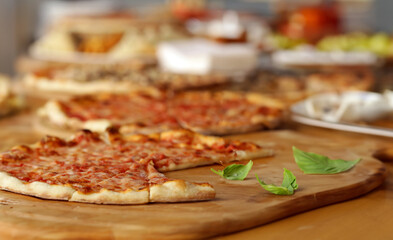 buffet table for a banquet, sandwich and pizza