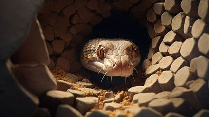 Fototapeta premium Curious Snake A Reptilian Creature Peeking from a Cave Entrance