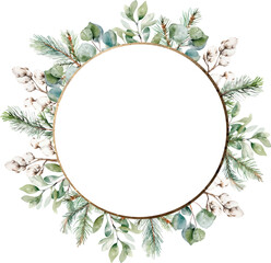 Watercolor winter greenery frame, Christmas card circle template. Hand painted pine and fir tree branches, cotton. Winter Holiday rectangle golden border. Template with space for text, greeting cards