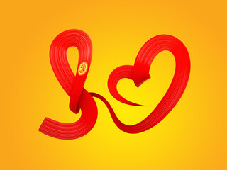 3d Flag Of Kyrgyzstan Heart Shape Shiny Wavy Awareness Ribbon flag Yellow Background 3d illustration