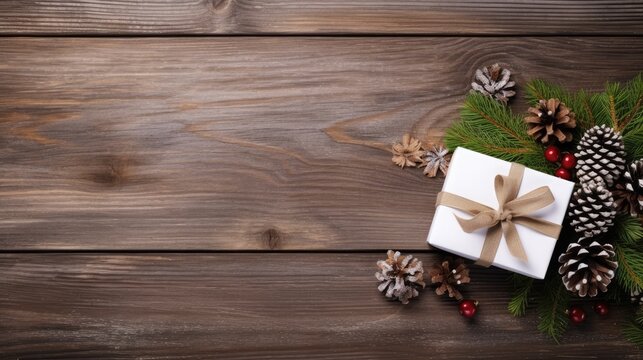 Christmas decoration on brown wooden background. Top view with copy space. Ai generative