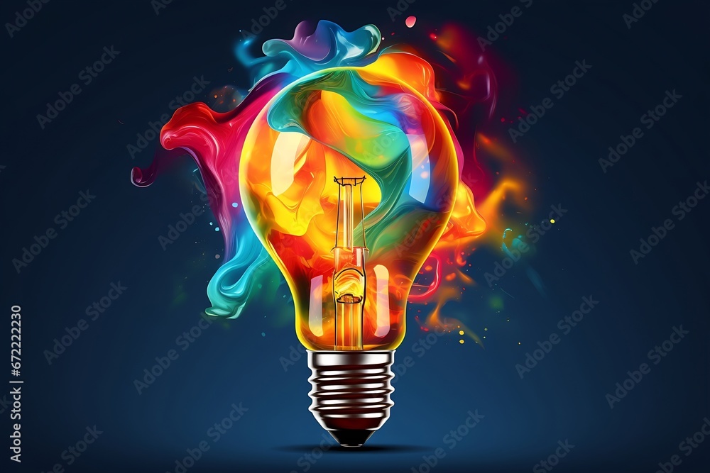 Poster Generative AI : Electric light bulb exploding with paint and glass