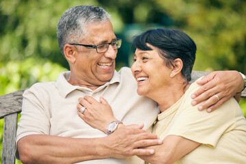 Park, hug and senior couple with love, funny and retirement with quality time, happiness and...