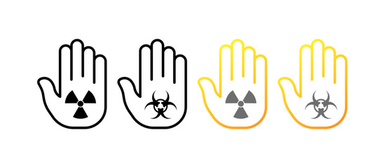 Stop radiation icons. Outline, palm with radiation sign, stop palm. Vector icons