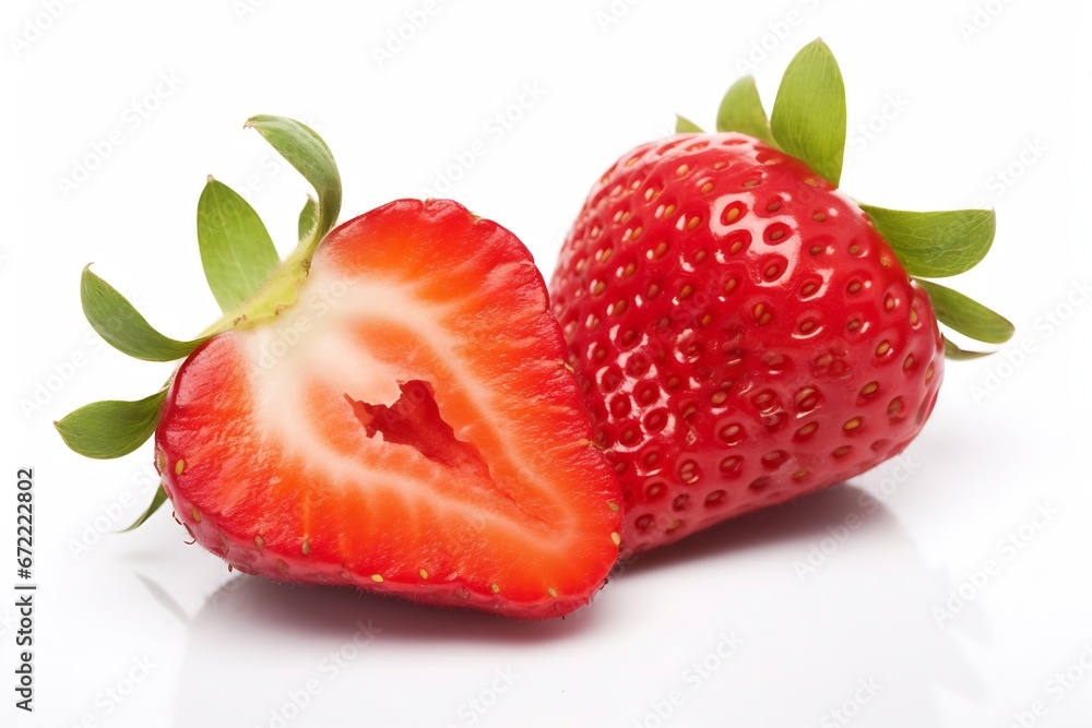 Poster generative ai : juicy strawberry with half sliced isolated on white background.