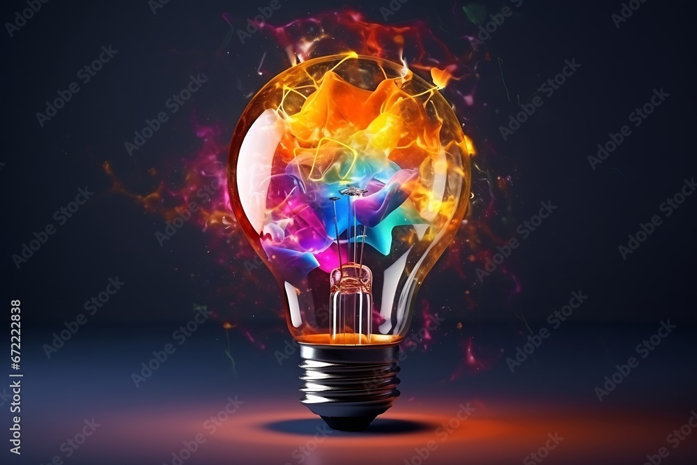 Poster Generative AI : Electric light bulb exploding with paint and glass