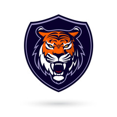 This fierce and powerful tiger mascot head logo, set within a shield, represents strength and competitiveness. Perfect for esport and gaming teams, it features a white backdrop for versatility