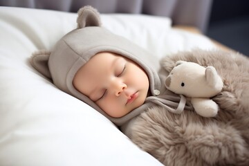 Generative AI : Newborn baby sleeping in a fluffy blanket, wearing headphones