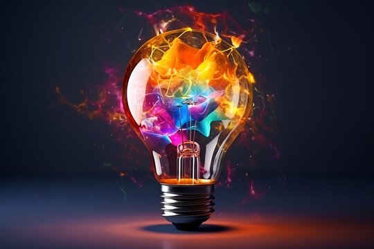 Generative AI : Electric light bulb exploding with paint and glass - Powered by Adobe