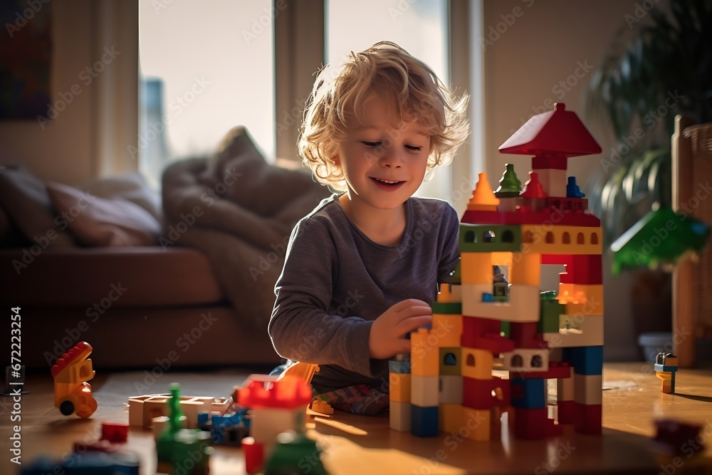 Aufkleber Generative AI : Kid playing with colorful toy blocks
