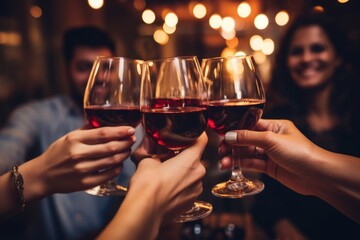 Hands friends celebrate dinner party toasting wine glasses.