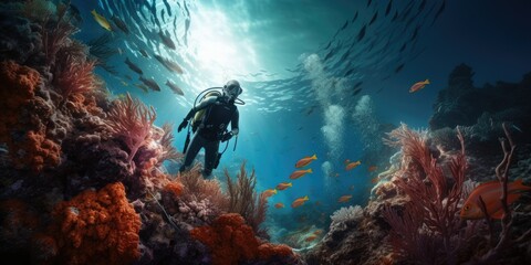 Scuba diver swimming across colorful seascape with coral