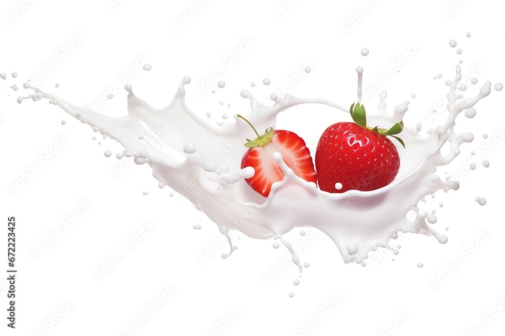 Poster Generative AI : Milk or yogurt splash with strawberries isolated on transparent and white background
