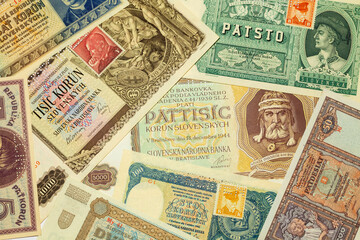 Different kinds old Banknotes from the all World in the Detail