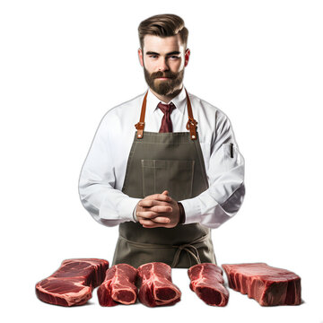 Butcher showcasing cuts isolated on transparent or white background, png