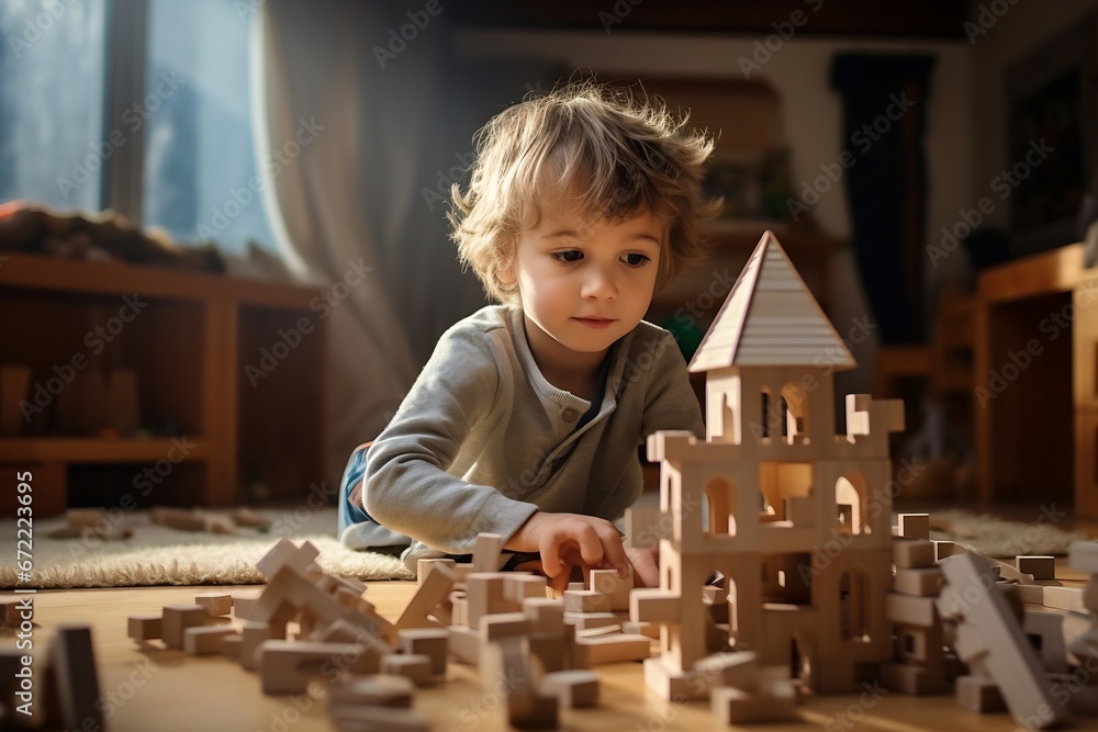 Aufkleber Generative AI : Kid playing with colorful toy blocks