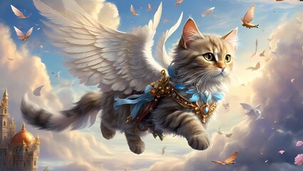 Winged Majestic Cat Flying in a Fantasy World - obrazy, fototapety, plakaty