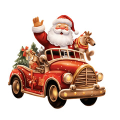 Santa Claus with car and gifts for decorations. cartoon on Christmas and New Year gift concept.