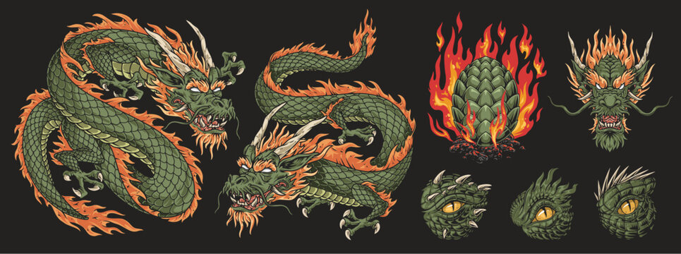 Green dragon set emblems colorful