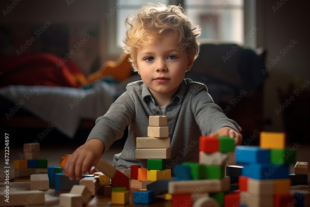Aufkleber Generative AI : Kid playing with colorful toy blocks