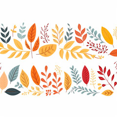 Fototapeta premium Fall horizontal banner. Seamless pattern with hand drawn cute colorful leaves. Autumn leaf border. Thanksgiving and Harvest Day. Vector illustration