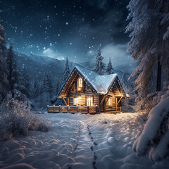 Fantastic winter landscape with glowing wooden cabin in snowy forest. Cozy house in Carpathian mountains. Christmas holiday concept, illustration , vector , isolated
