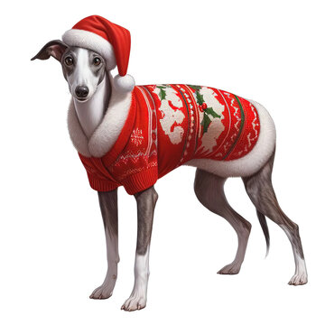 A beautiful Whippet with Christmas clothes png file with transparent background
