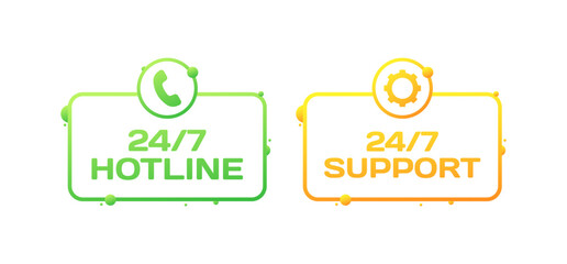 24/7 hotline and support icons. Flat, color, 24/7 hotline sign with handset, 24/7 support with gear. Vector icons