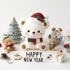white background, christmas, bear cute, conteining words "Happy New Year"