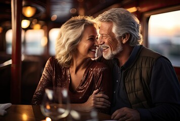 Attractive and elegant mature couple tourists on big cruise ship.