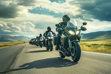 A group of motorcyclists ride motorcycles together on an empty road.