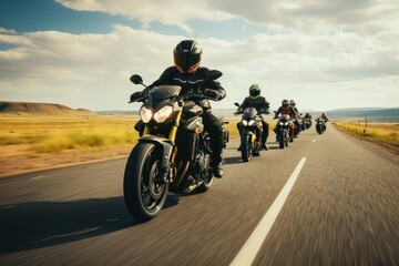 Fototapeta na wymiar A group of motorcyclists ride motorcycles together on an empty road.