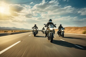 A group of motorcyclists ride motorcycles together on an empty road. - obrazy, fototapety, plakaty