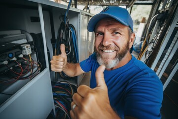 Male electrician giving thumbs up Air conditioning repair technician