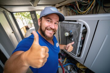 Male electrician giving thumbs up Air conditioning repair technician - obrazy, fototapety, plakaty