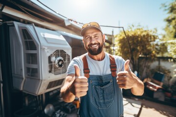 Male electrician giving thumbs up Air conditioning repair technician