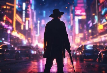 a person walking in the street at night with a cane