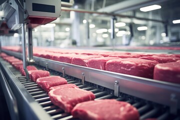 Production of fresh meat on a conveyor belt in a factory - obrazy, fototapety, plakaty