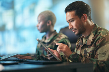 Asian man, army and tablet in surveillance, control room or checking data for military intelligence. Male person, security or soldier working on technology for online dispatch or networking at base - obrazy, fototapety, plakaty