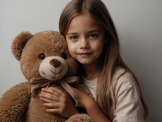 Cute girl with teddy bear. AI Generative