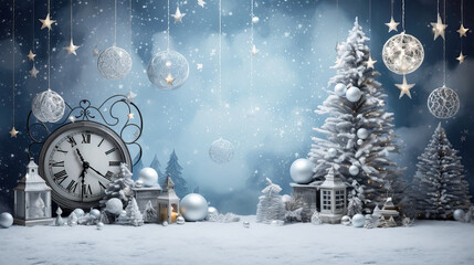 Backdrop with Christmas trees decorated with  baubles and garland, with clock. Copy space. Christmas decorations. Holiday background. Christmas tree. Greeting card. Blue tones.  